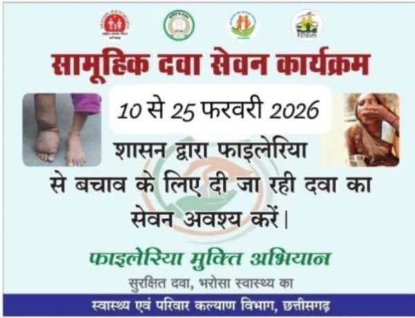 *जशपुर जिले में 10 फरवरी से 25 फरवरी तक आंगनबाड़ी,स्कूल एवं शैक्षणिक़ संस्थानों में फाईलेरिया उन्मूलन दवा का किया जायेगा वितरण*