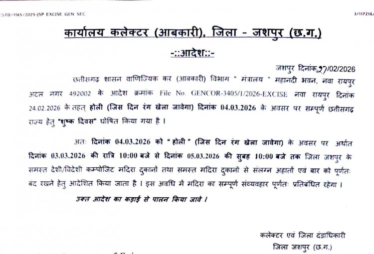 होली के दिन 4 मार्च  को शुष्क दिवस घोषित करते हुए समस्त देशी विदेशी कम्पोजिट मदिरा दुकानें संलग्न अहाते पूर्णतः बंद रहेंगे