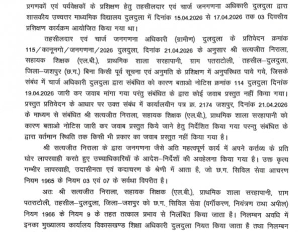 जनगणना कार्य पर लापरवाही बरतने वाले सहायक शिक्षक सत्यजीत निराला को किया गया निलंबित,,पुरी जानकारी के लिए पढ़ें.....