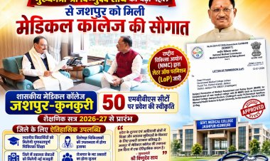 मुख्यमंत्री विष्णुदेव साय की पहल रंग लाई, जशपुर को मिली मेडिकल कॉलेज की ऐतिहासिक सौगात ,,, जशपुर के युवाओं का डॉक्टर बनने का सपना अब जिले में ही होगा पूरा, मेडिकल कॉलेज को मिली मंजूरी