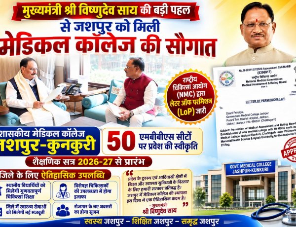 मुख्यमंत्री विष्णुदेव साय की पहल रंग लाई, जशपुर को मिली मेडिकल कॉलेज की ऐतिहासिक सौगात ,,, जशपुर के युवाओं का डॉक्टर बनने का सपना अब जिले में ही होगा पूरा, मेडिकल कॉलेज को मिली मंजूरी