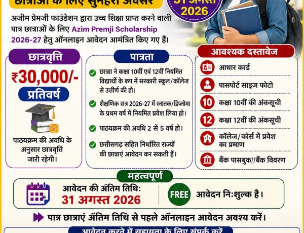 बेटियों की पढ़ाई नहीं रुकेगी: अजीम प्रेमजी छात्रवृत्ति से हर साल मिलेंगे 30 हजार, अधिकतम 1.50 लाख तक का सहारा,,कैसे और कब करें आवेदन पुरी जानकारी के लिए पढ़ें बोलती खबर पर