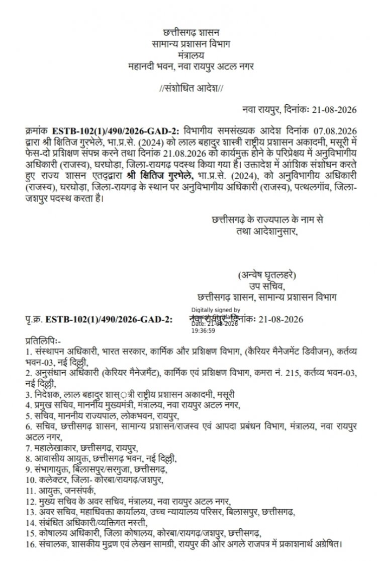 क्षितीज गुरमेले होंगे पत्थलगांव के नए एसडीएम, शासन ने जारी किया संशोधित आदेश