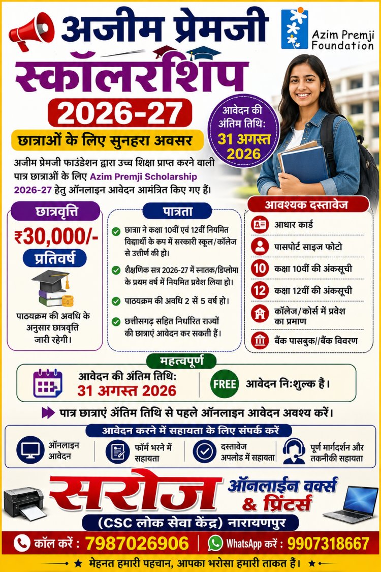 बेटियों की पढ़ाई नहीं रुकेगी: अजीम प्रेमजी छात्रवृत्ति से हर साल मिलेंगे 30 हजार, अधिकतम 1.50 लाख तक का सहारा,,कैसे और कब करें आवेदन पुरी जानकारी के लिए पढ़ें बोलती खबर पर