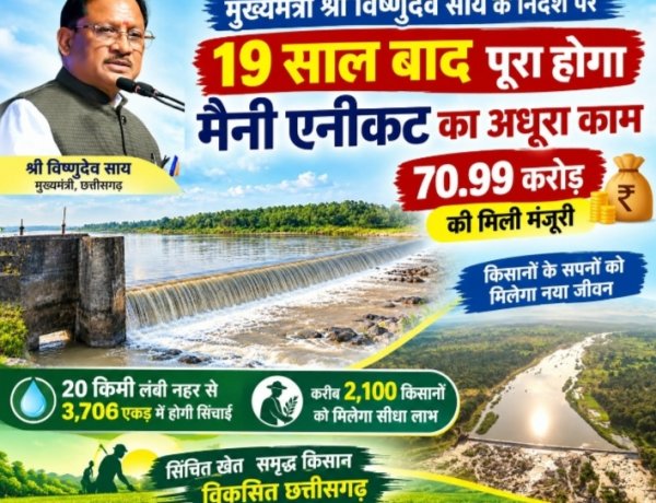 साय सरकार की बड़ी सौगात: 19 साल पुरानी मैन‍ी एनीकट परियोजना को 70.99 करोड़ की मंजूरी